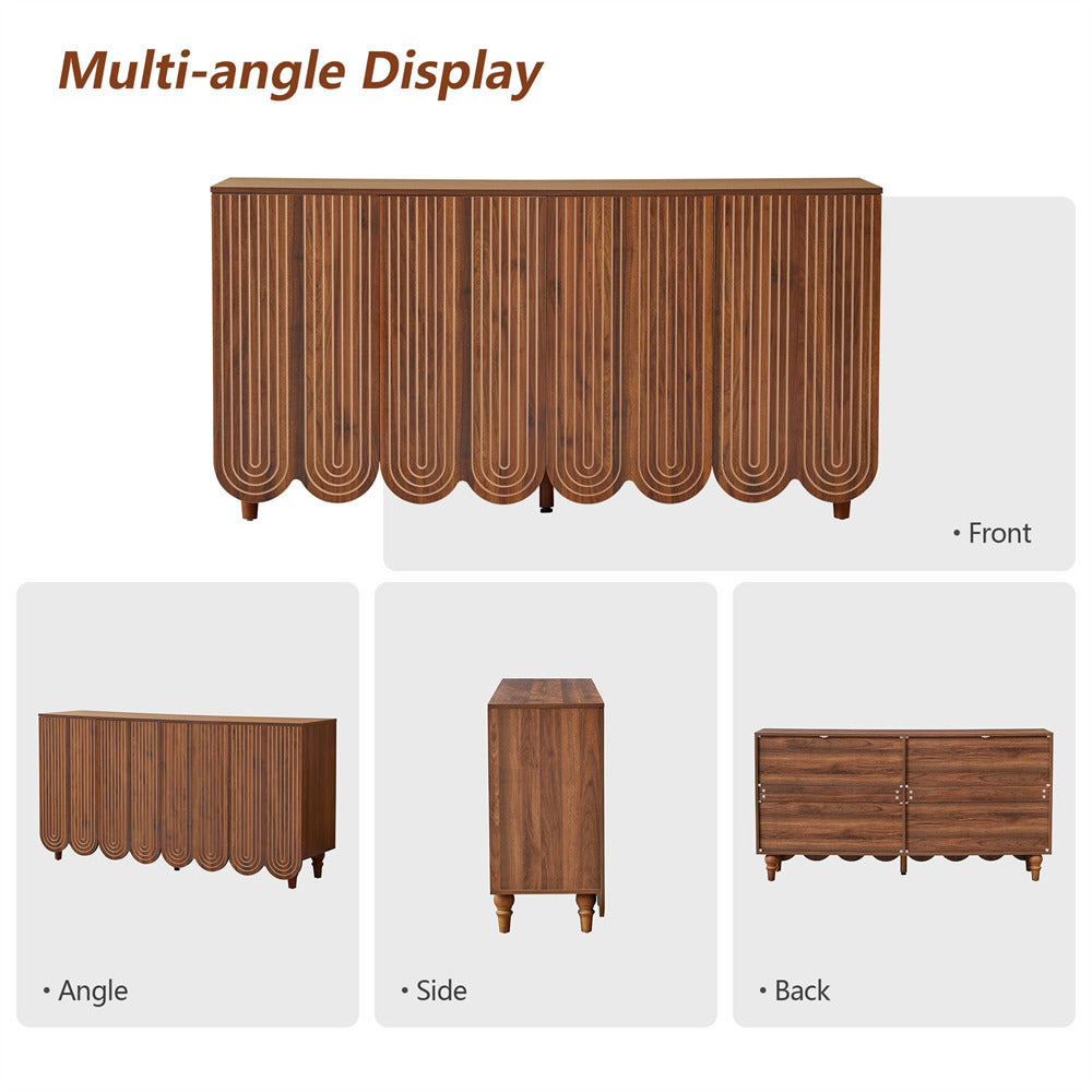 A furniture product display showing a wooden sideboard or credenza from multiple angles, with the front view at the top and three smaller views below labeled Front, Angle, Side, and Back. The image includes the text 'Multi-angle Display' at the top.
