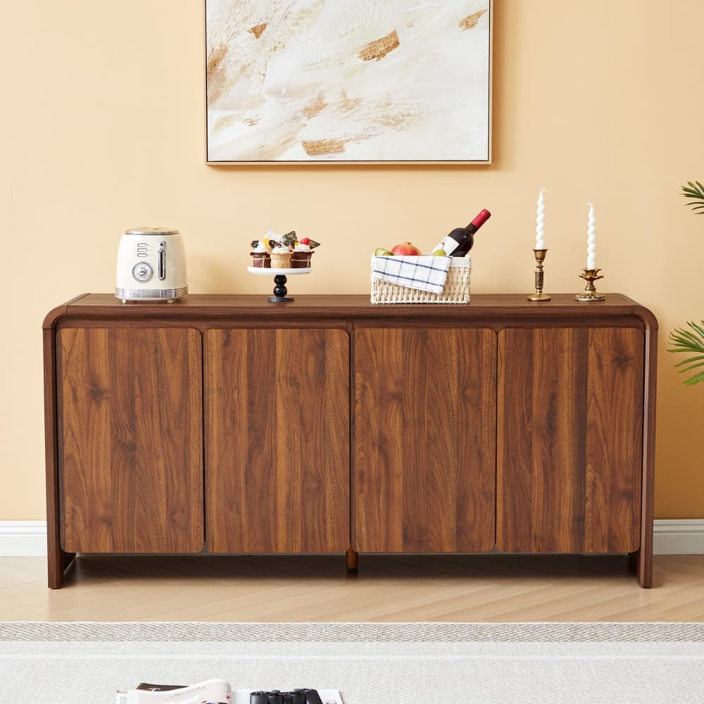 63" Mid Century Modern Sideboard Buffet Cabinet Curved Profile Design with 4 Doors