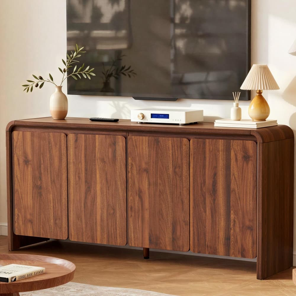 63" Mid Century Modern Sideboard Buffet Cabinet Curved Profile Design with 4 Doors