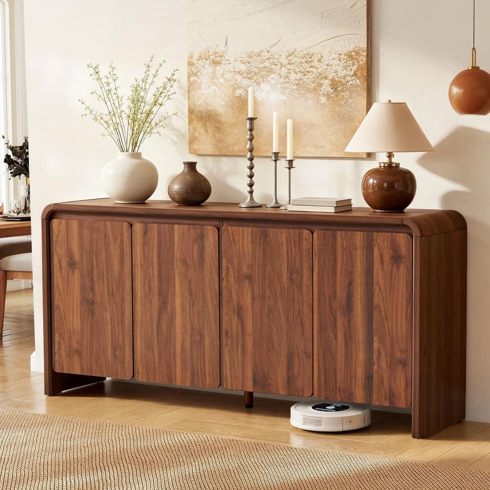 63" Mid Century Modern Sideboard Buffet Cabinet Curved Profile Design with 4 Doors