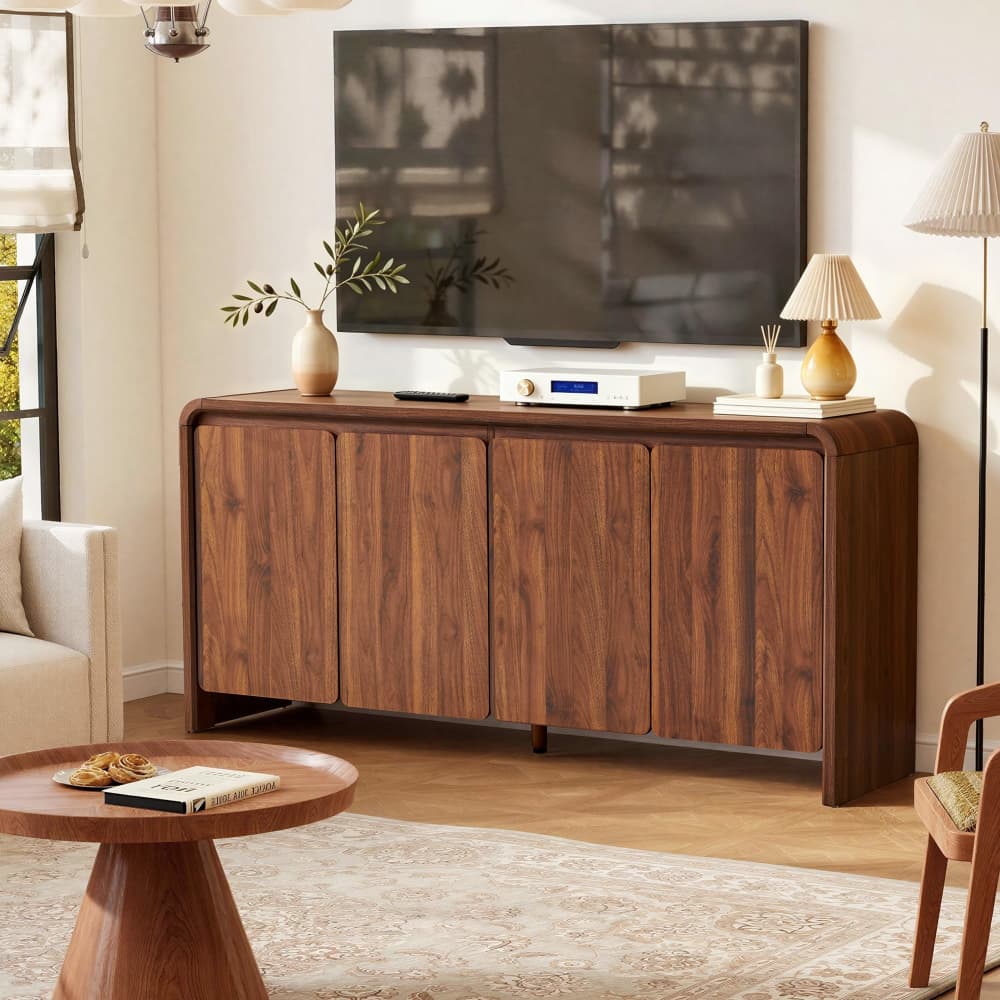 63" Mid Century Modern Sideboard Buffet Cabinet Curved Profile Design with 4 Doors