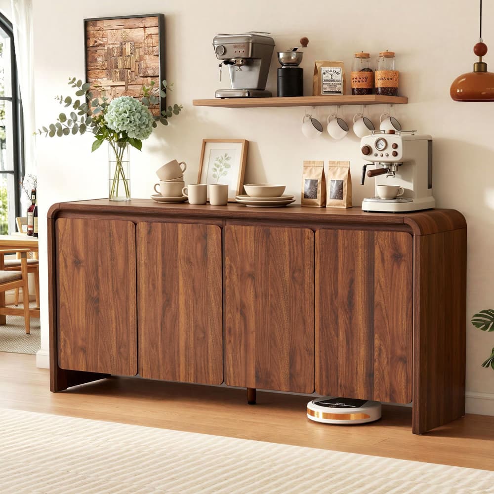 63" Mid Century Modern Sideboard Buffet Cabinet Curved Profile Design with 4 Doors
