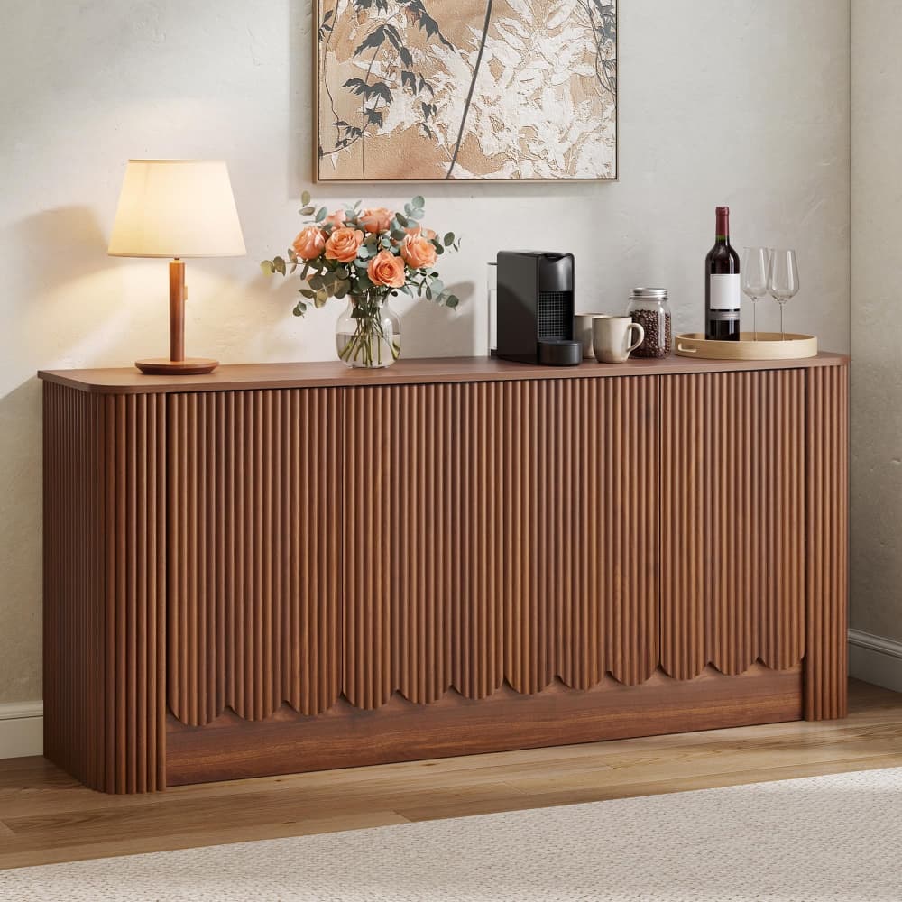 63" Modern Fluted Sideboard Storage Cabinet with 4 Doors& Adjustable Shelves