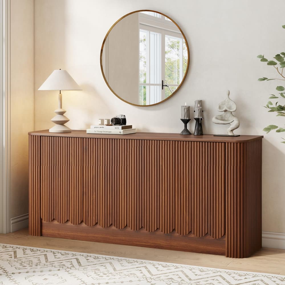 63" Modern Fluted Sideboard Storage Cabinet with 4 Doors& Adjustable Shelves