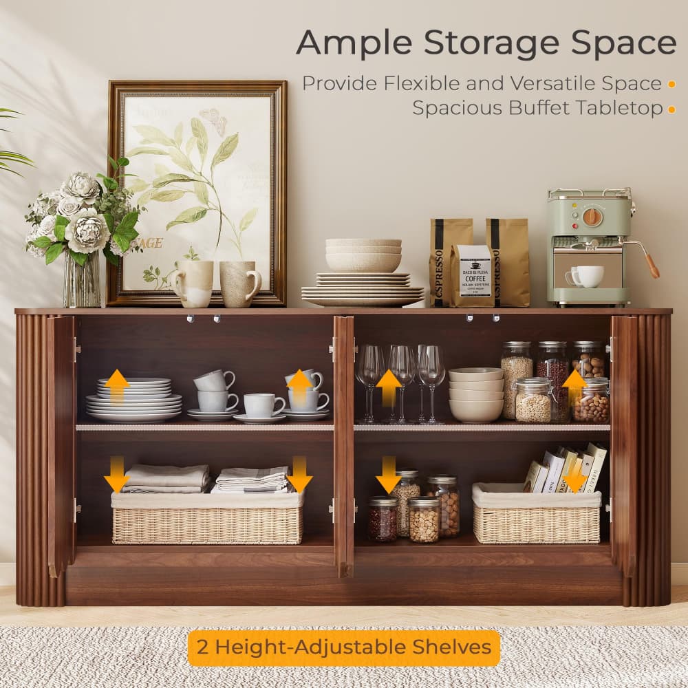 63" Modern Fluted Sideboard Storage Cabinet with 4 Doors& Adjustable Shelves
