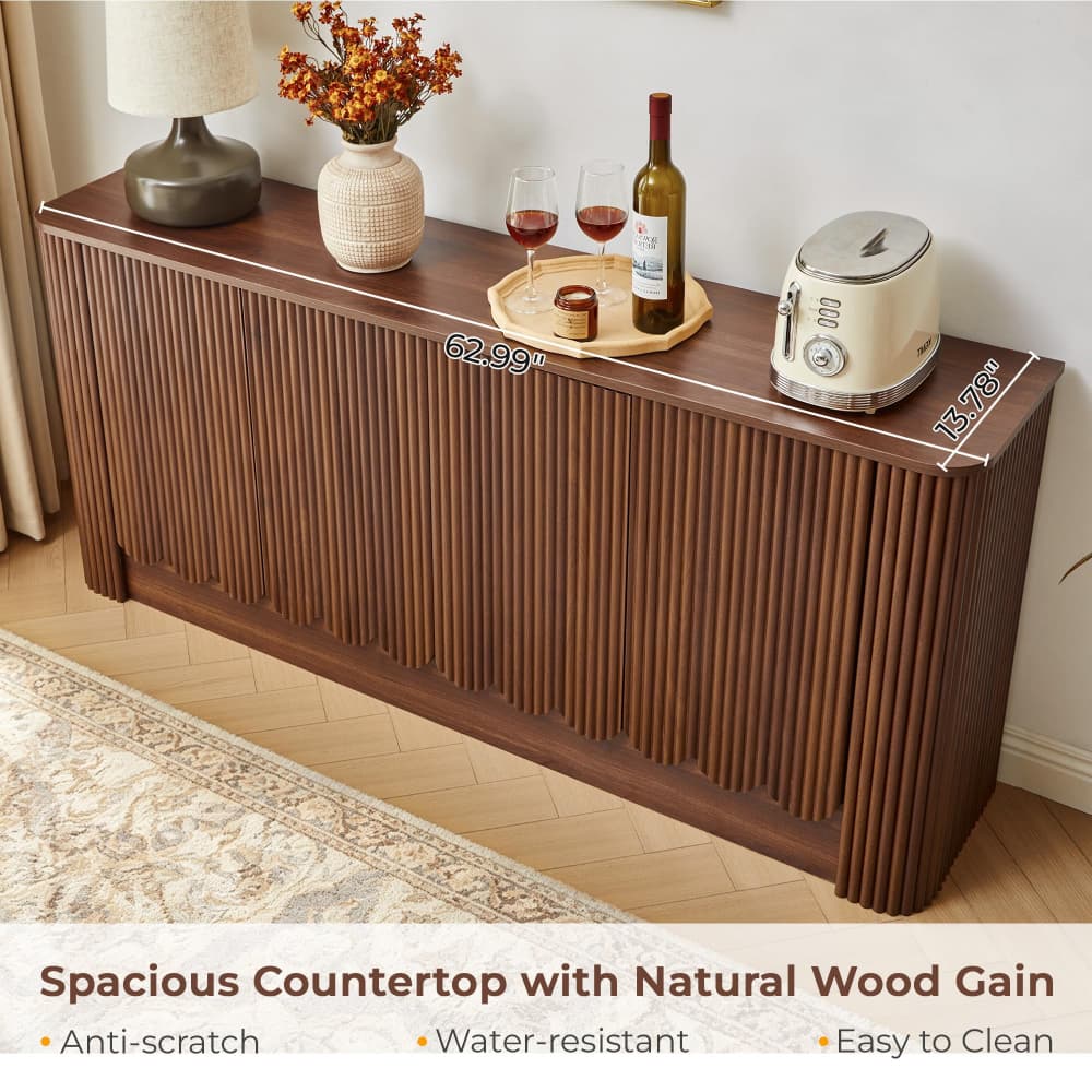 63" Modern Fluted Sideboard Storage Cabinet with 4 Doors& Adjustable Shelves