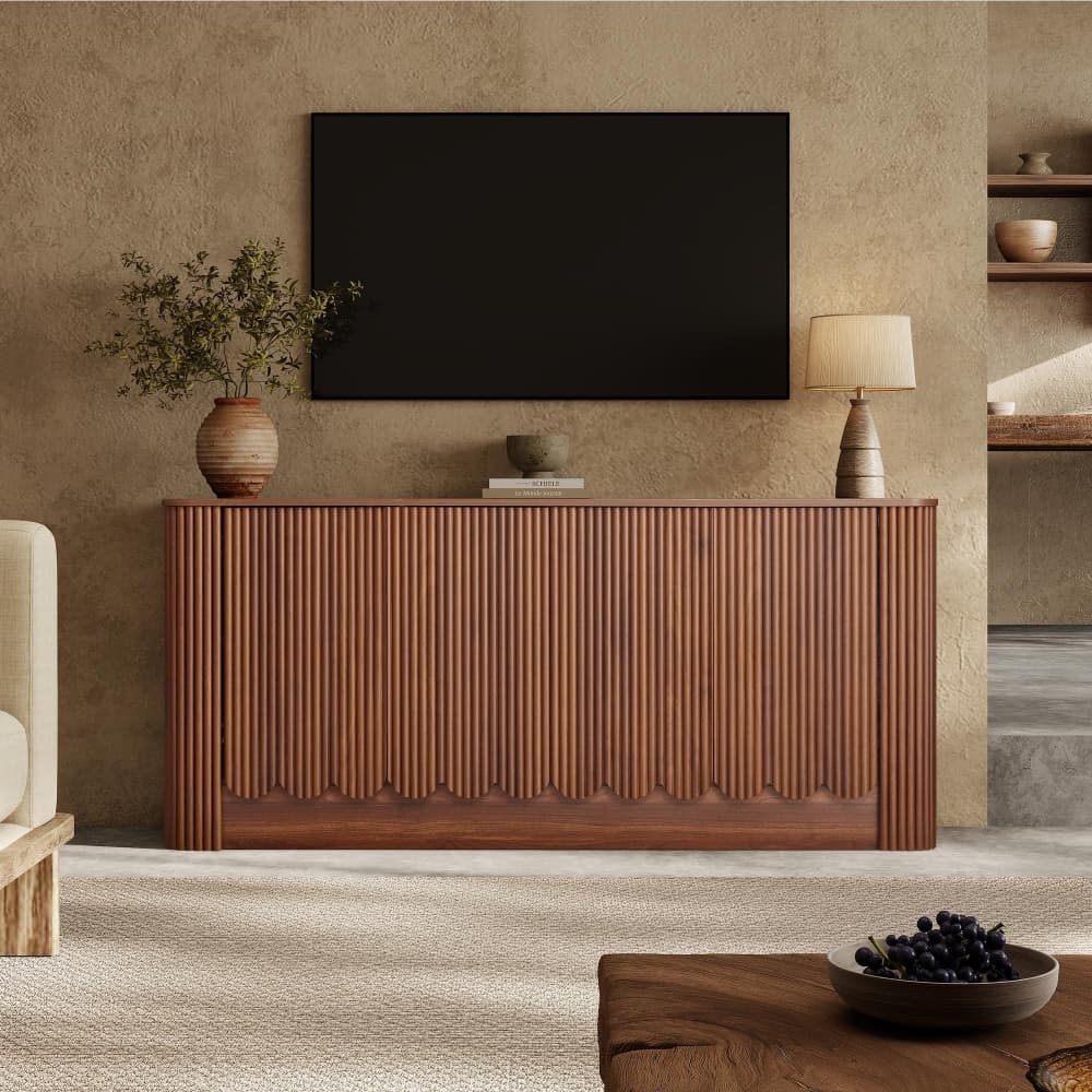 63" Modern Fluted Sideboard Storage Cabinet with 4 Doors& Adjustable Shelves