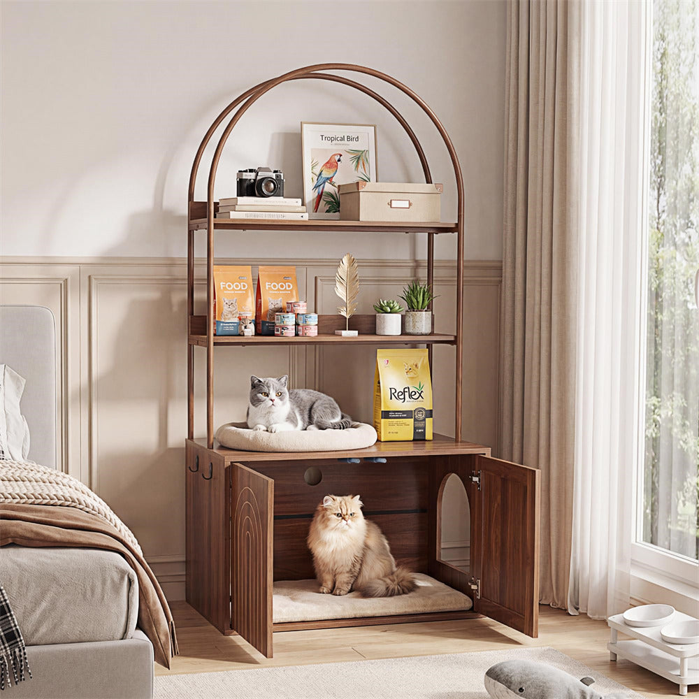Wooden pet furniture with shelves and a cat inside, in a home setting.