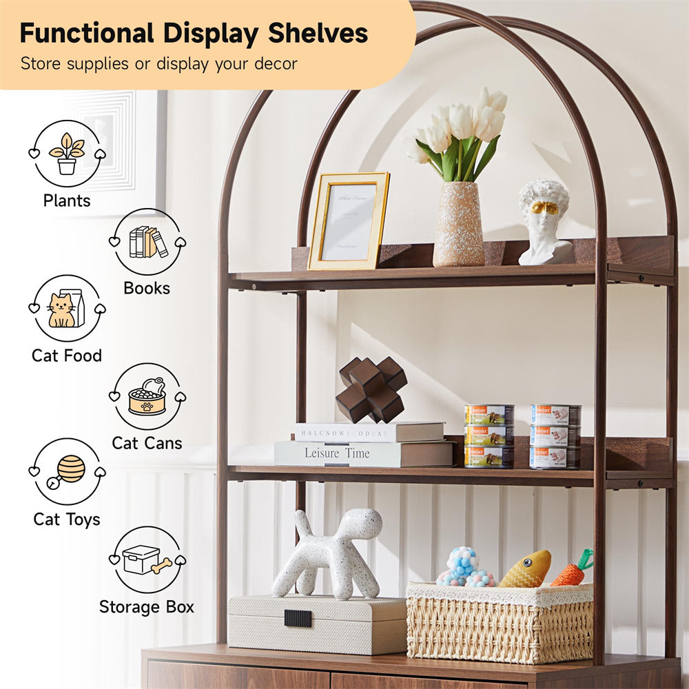 Wooden arch-shaped display shelf with various items on it, including plants, books, cat food, and toys.