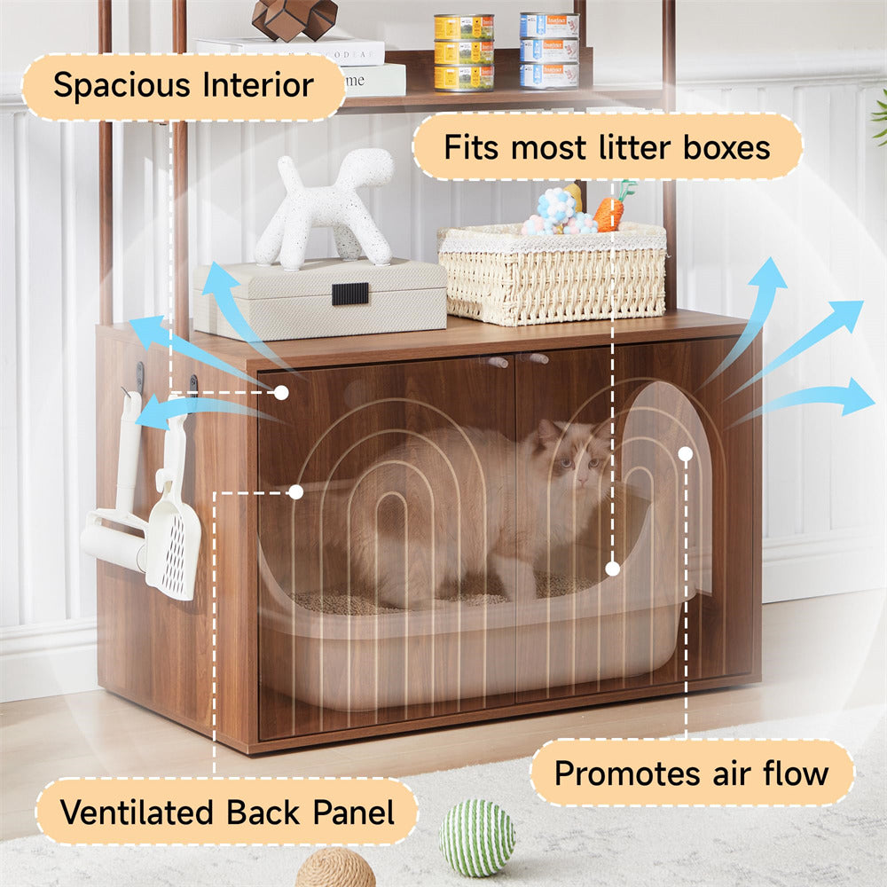 Pet enclosure with text highlighting features like spacious interior, fits most litter boxes, ventilated back panel, and promotes air flow.