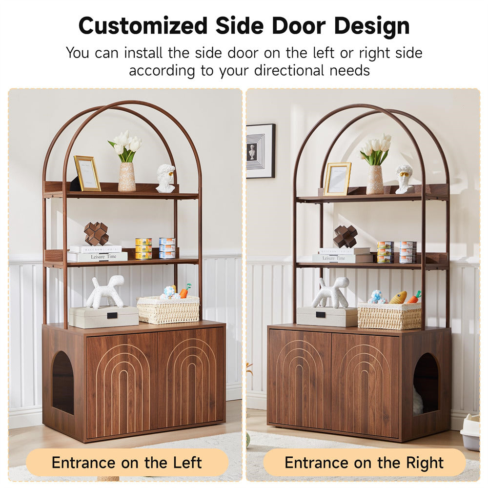 63" Tall Hidden Arched Cat Litter Box Wood Grain Metal Frame with Hooks & Anti-Tipping Kit