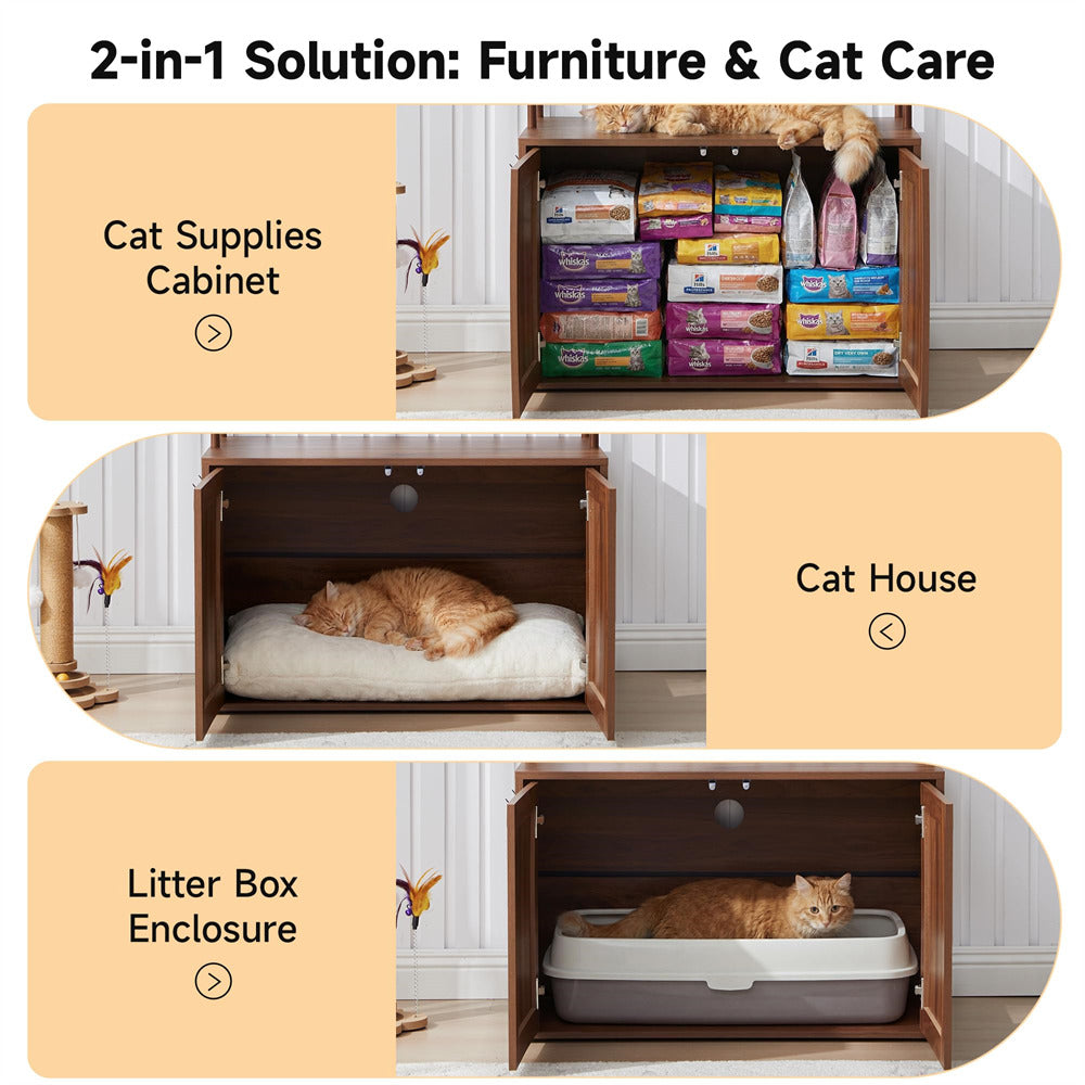 Multifunctional pet furniture with cat supplies cabinet, house, and litter box enclosure.