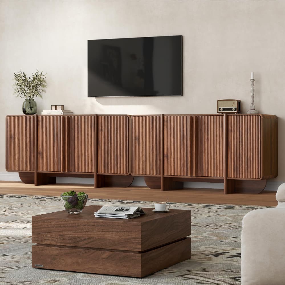 63'' Mid-Century Wood Fluted Sideboard Buffet Cabinet with Storage