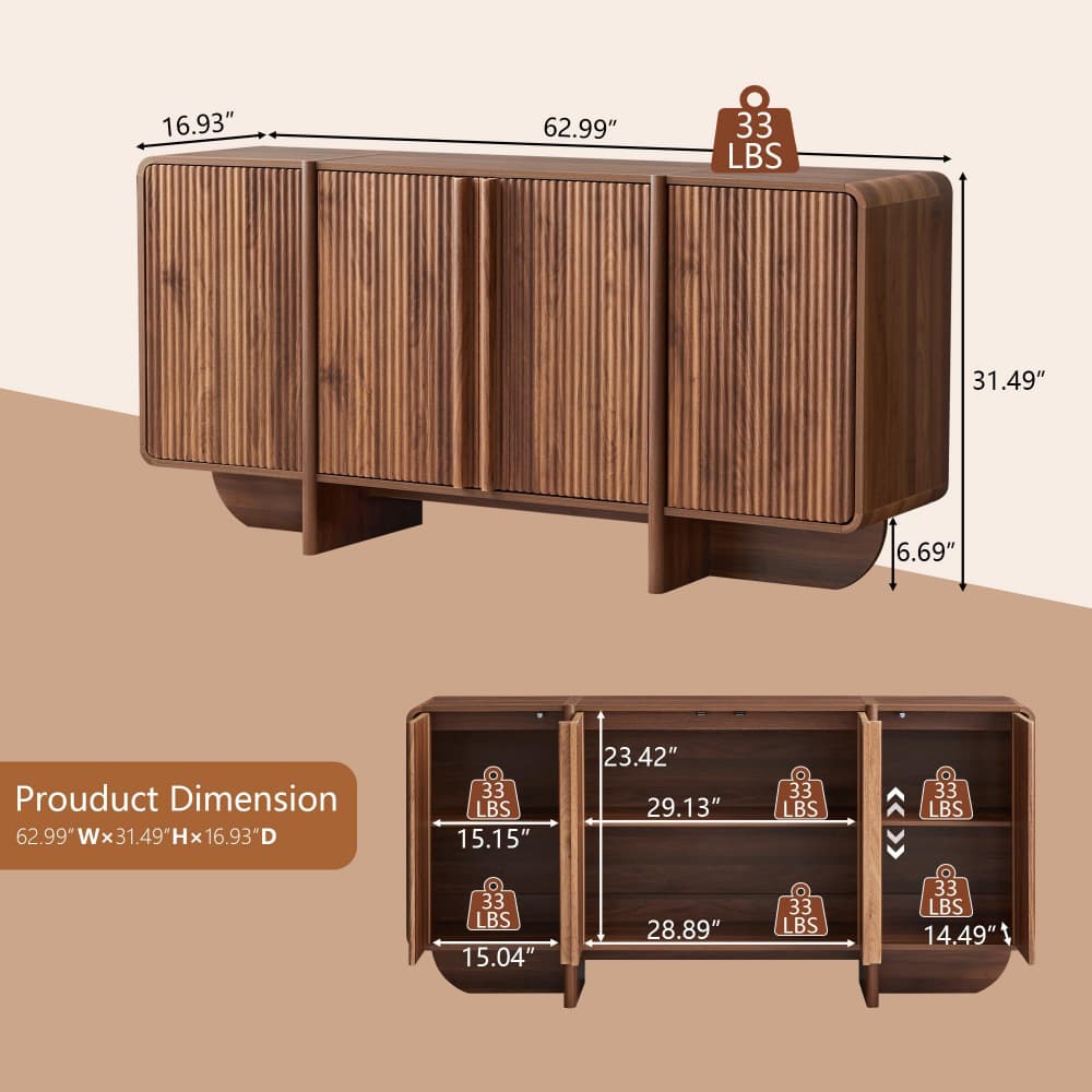 63'' Mid-Century Wood Fluted Sideboard Buffet Cabinet with Storage Size