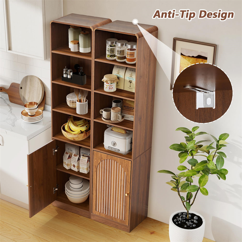Wooden storage cabinet with shelves and a plant in a room.