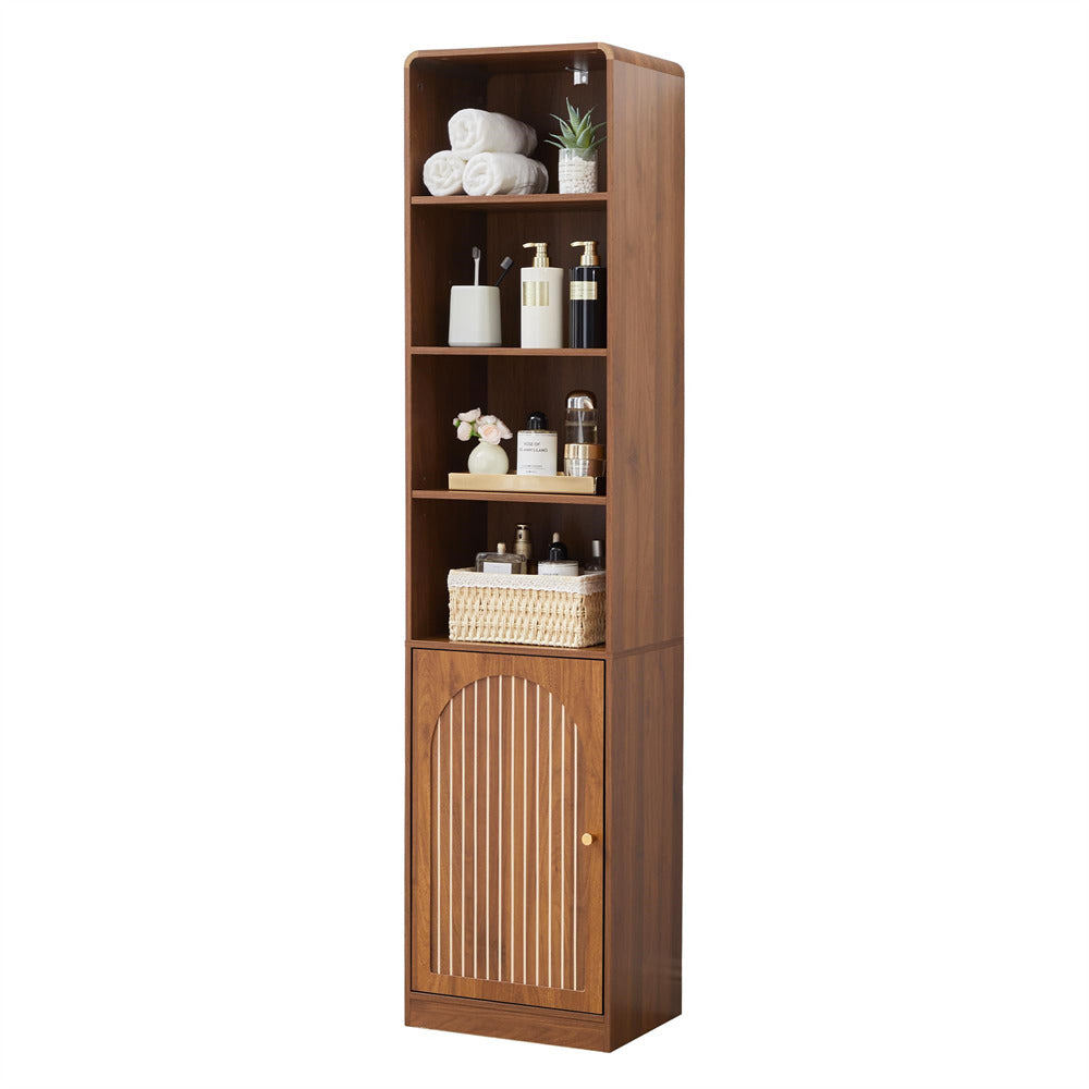 Wooden cabinet with shelves containing various items on a white background