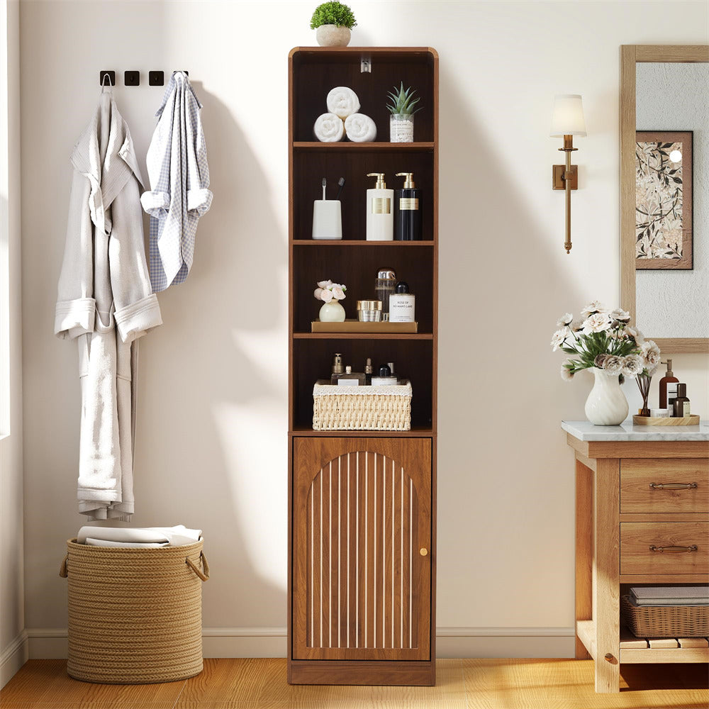 67" Tall Slim Bathroom Narrow Storage Cabinet with Arched Door and Adjustable Shelves
