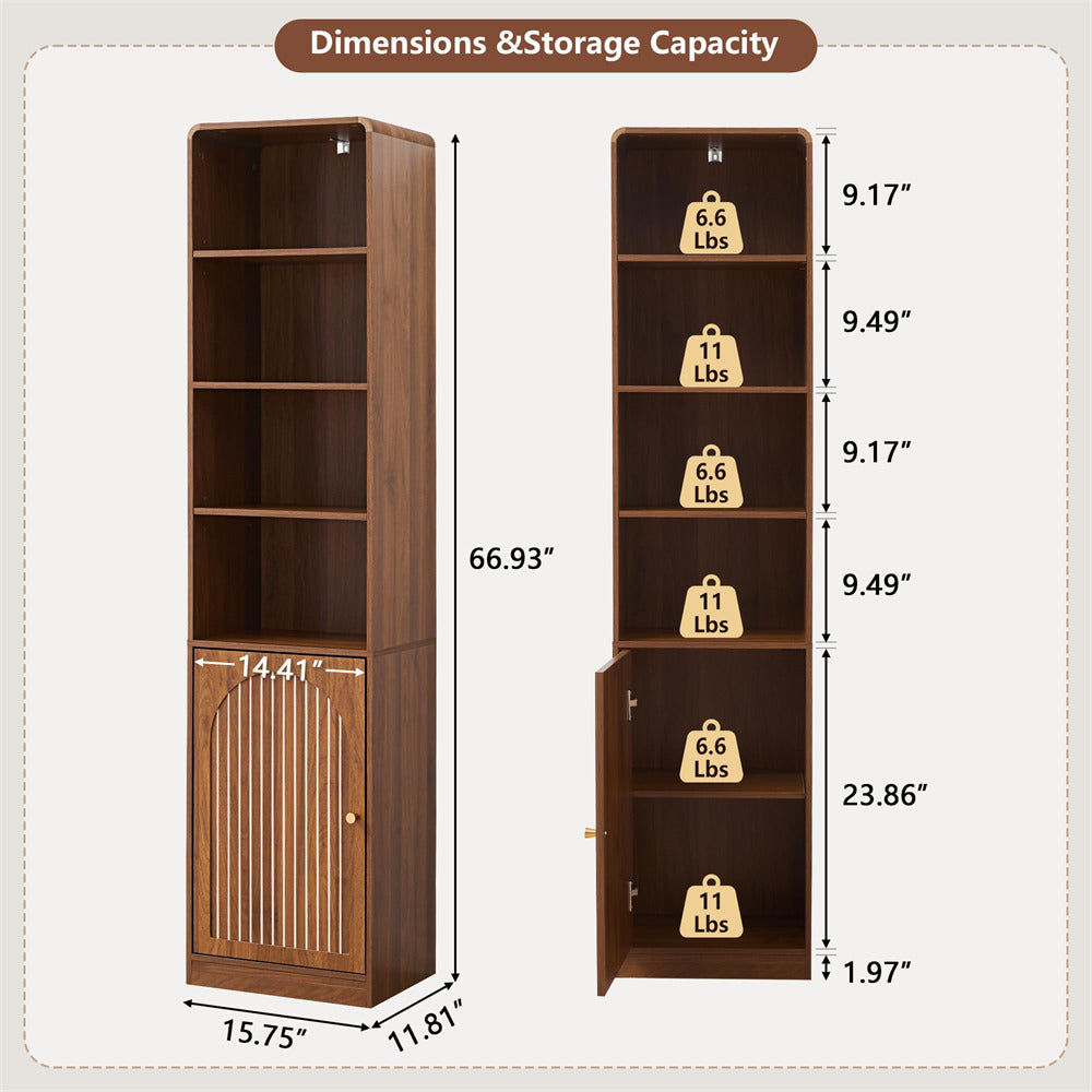 Wooden bookshelf with dimensions and storage capacity labels on a white background