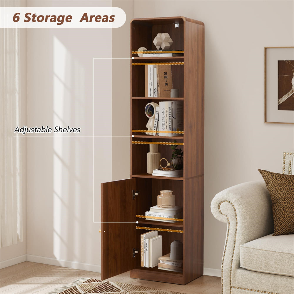 Wooden bookshelf with adjustable shelves in a room with a sofa and decorative items.