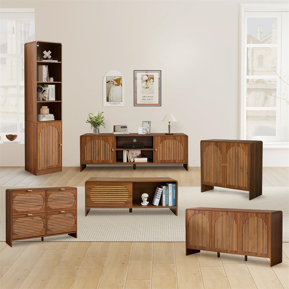 Set of wooden furniture pieces including bookshelves and cabinets in a living room setting.