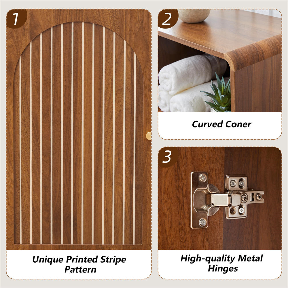 Wooden door with unique stripe pattern, curved corner, and high-quality metal hinges.