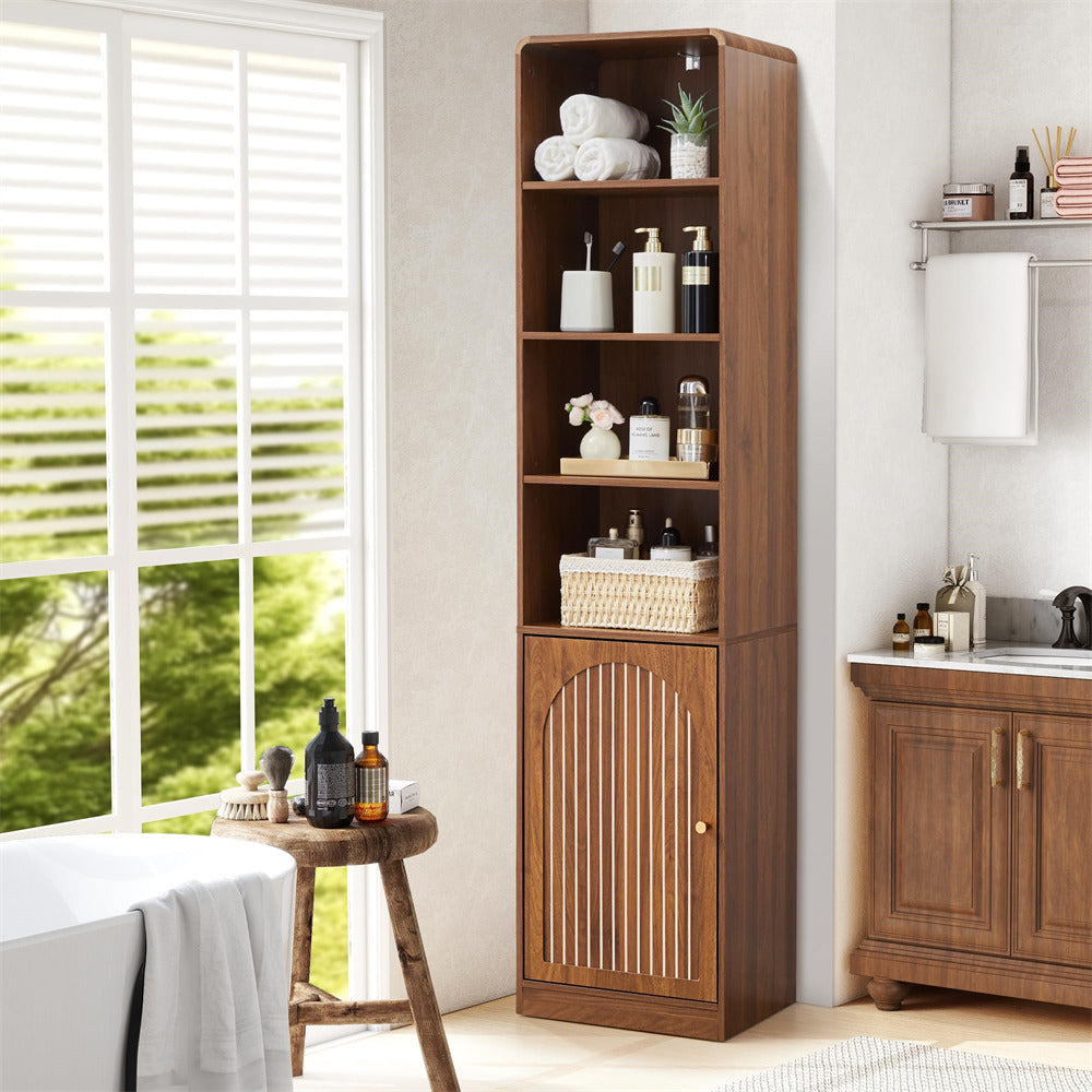 Wooden tall cabinet in a bathroom with various items on shelves