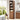 Wooden tall cabinet in a bathroom with various items on shelves