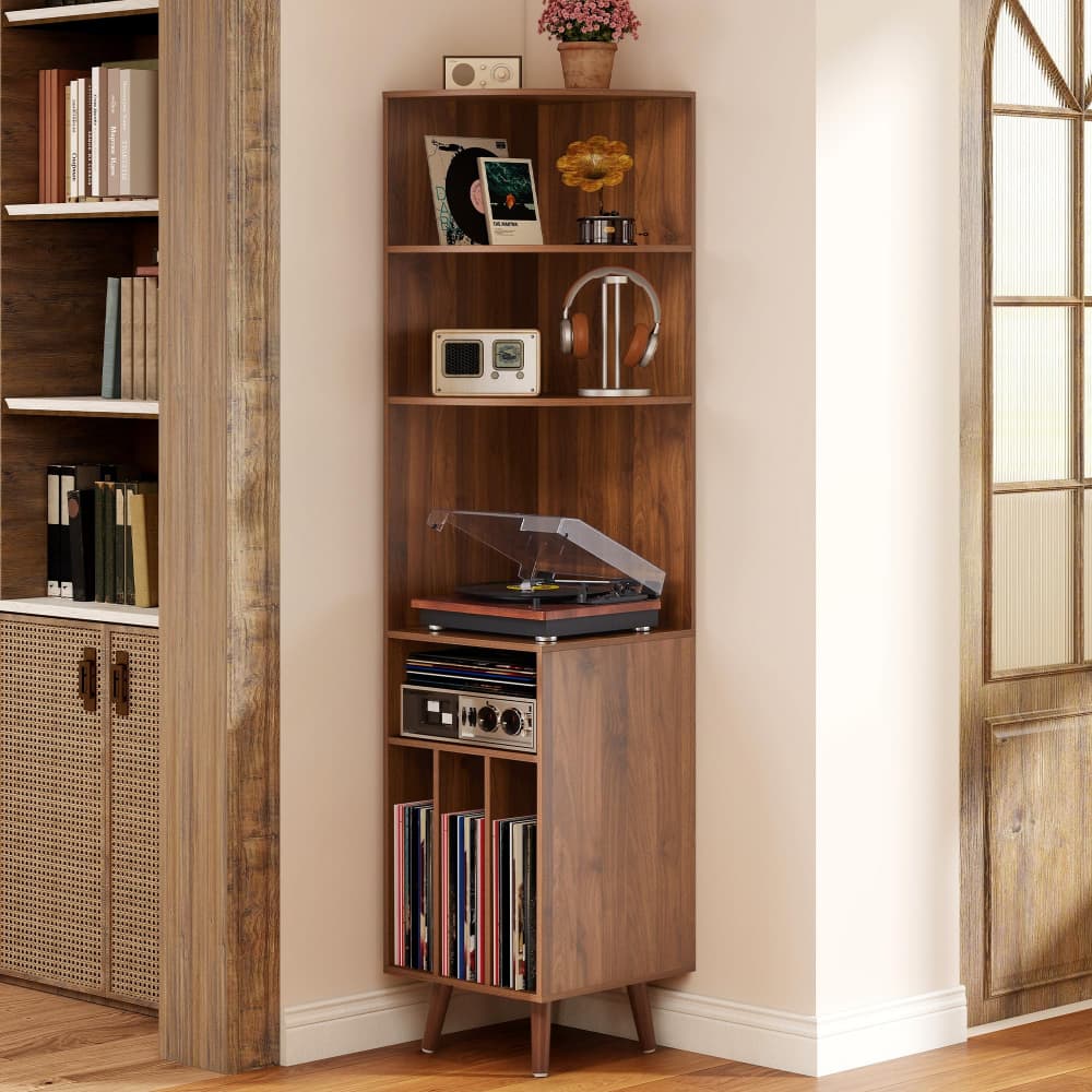 67'' Tall 5-Tier Corner Record Player Stand Wood Media Storage Cabinet
