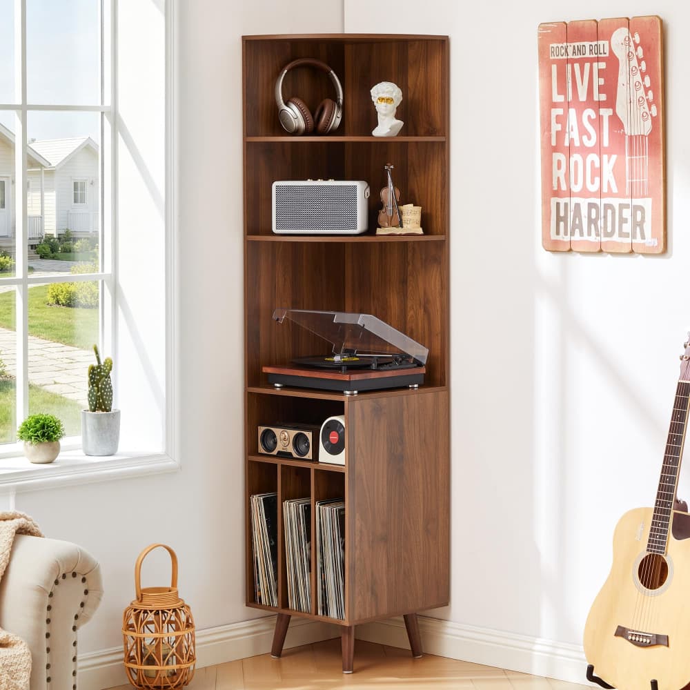 67'' Tall 5-Tier Corner Record Player Stand Wood Media Storage Cabinet