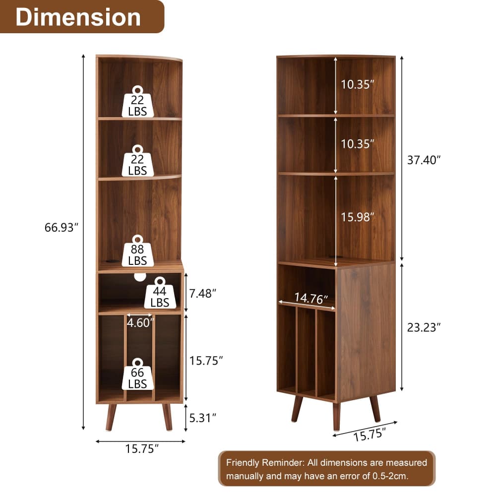67'' Tall 5-Tier Corner Record Player Stand Wood Media Storage Cabinet