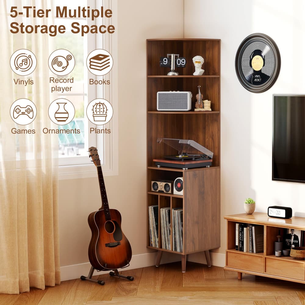 67'' Tall 5-Tier Corner Record Player Stand Wood Media Storage Cabinet