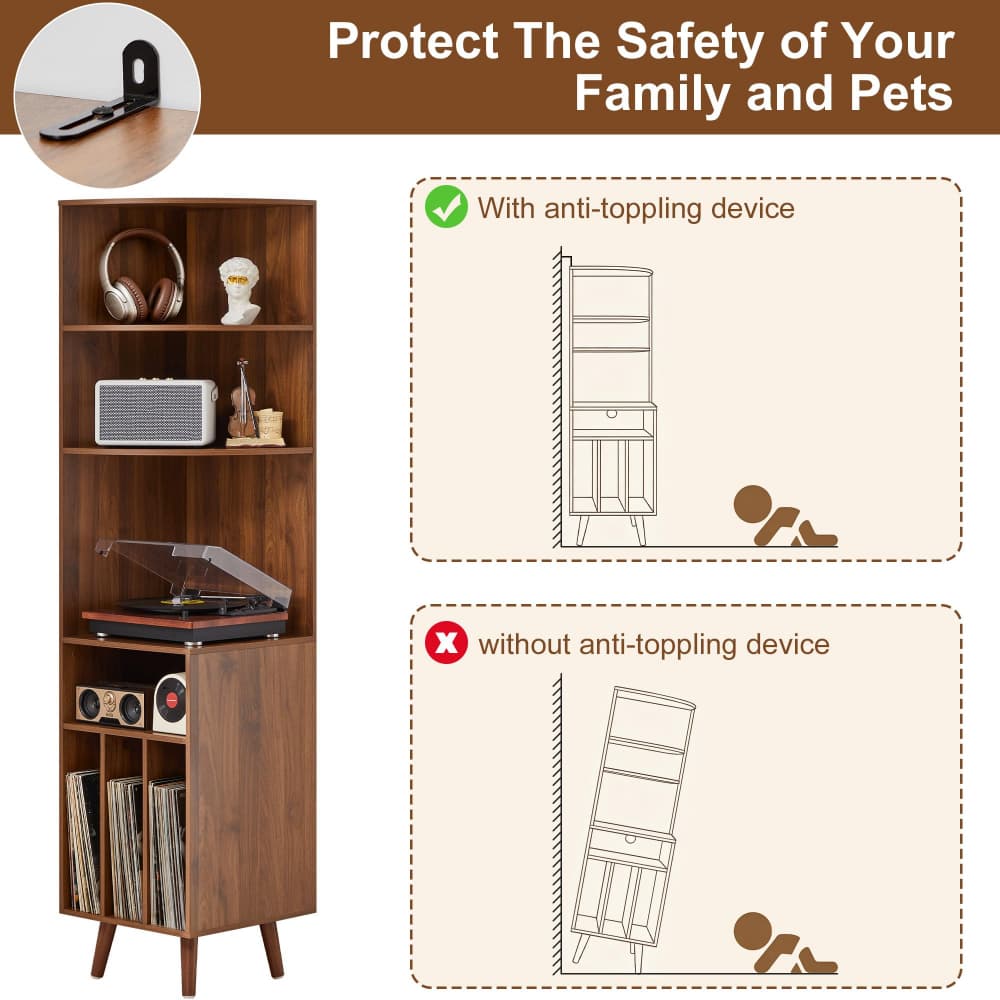 A tall brown wooden shelving cabinet with a record player and vinyl records, shown on a beige infographic-style background with text and diagrams explaining a safety device. The left side shows the cabinet styled with headphones, a speaker, bottles, and records.