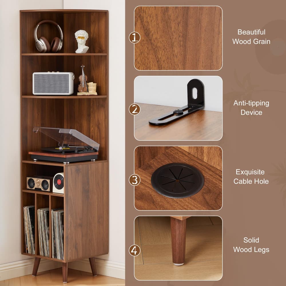A tall mid-century modern wooden cabinet with open shelves, a record player, and side storage, shown beside four feature callout panels highlighting wood grain, an anti-tip device, a cable hole, and solid wood legs.