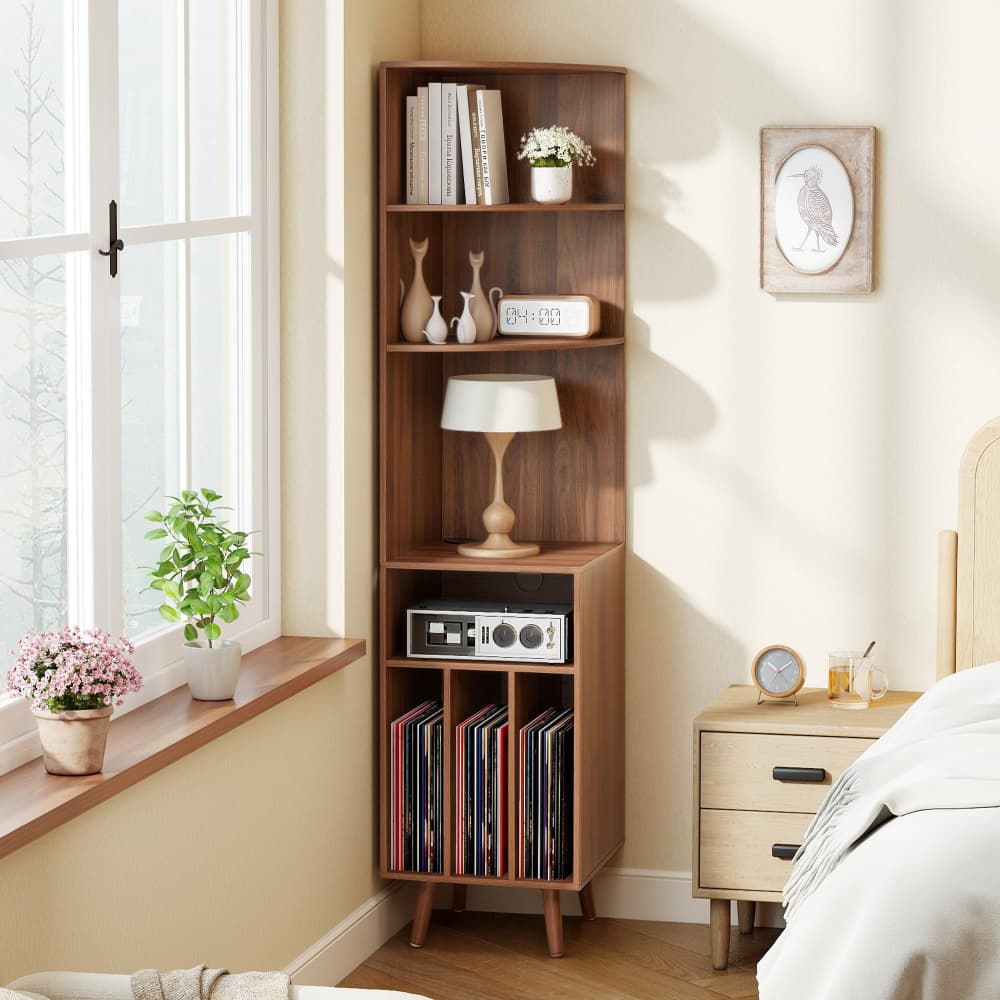 67'' Tall 5-Tier Corner Record Player Stand Wood Media Storage Cabinet