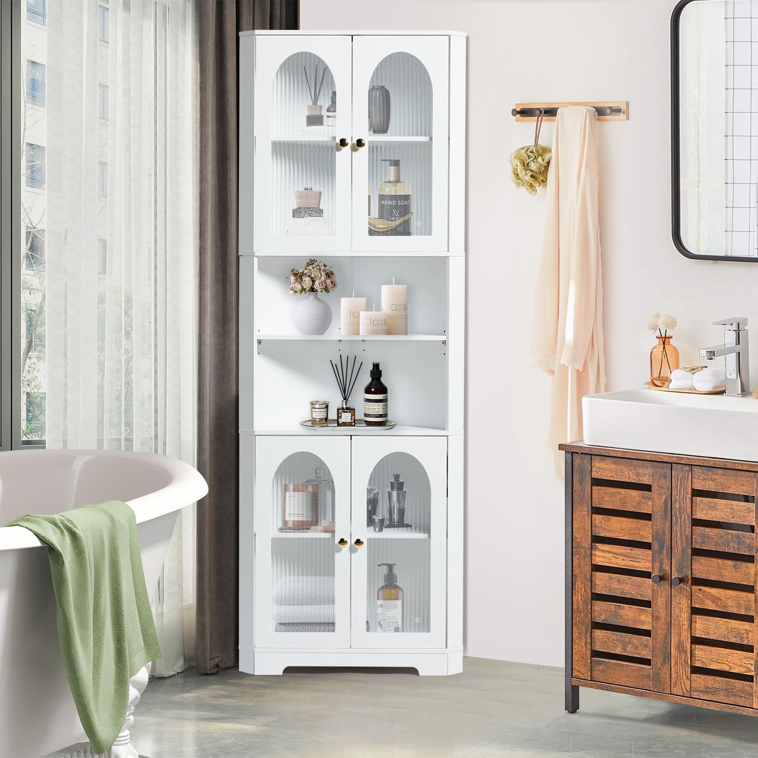 70.86" Tall Bathroom Storage Cabinet Tall Corner Cabinet with Glass Doors and LED