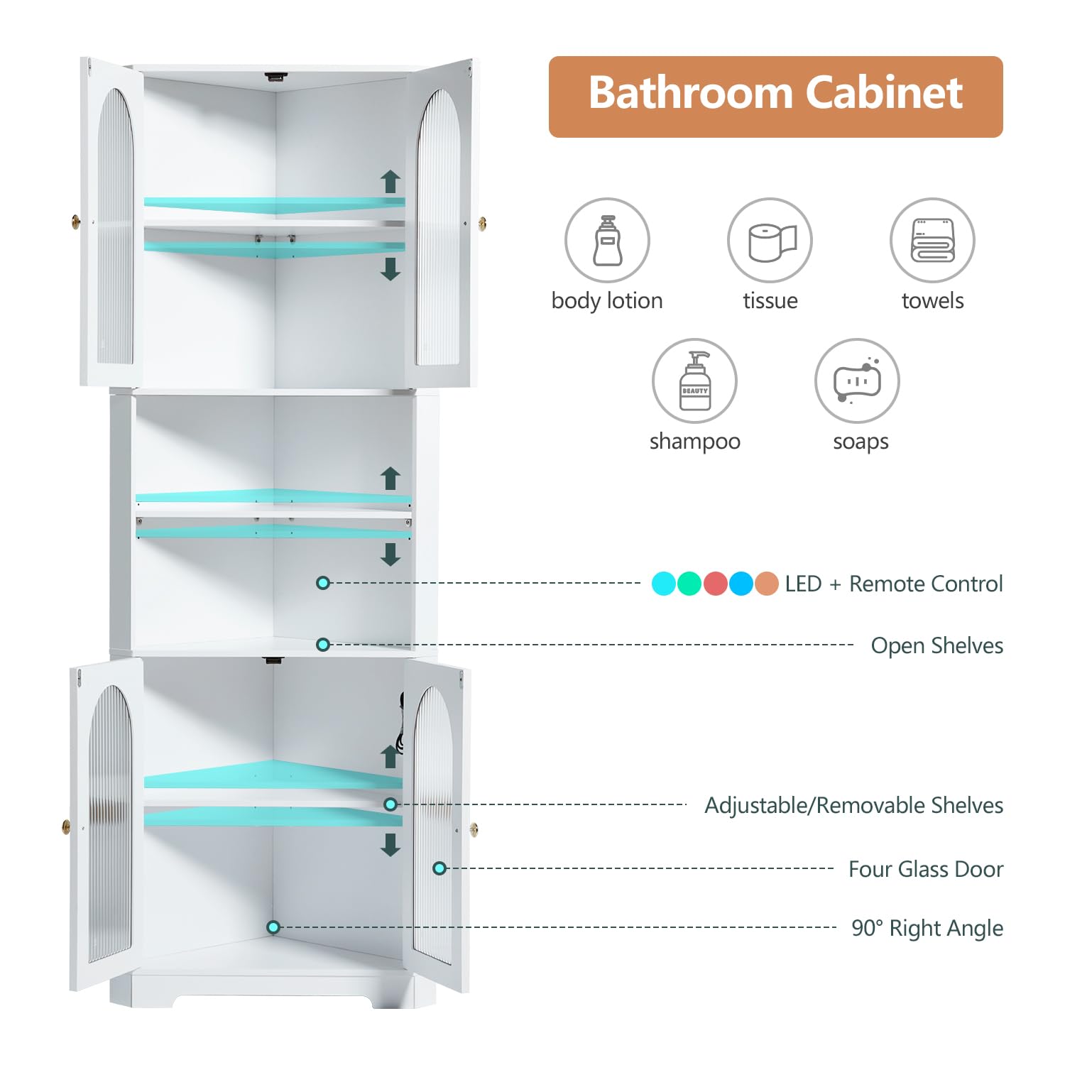 70.86" Tall Bathroom Storage Cabinet Tall Corner Cabinet with Glass Doors and LED