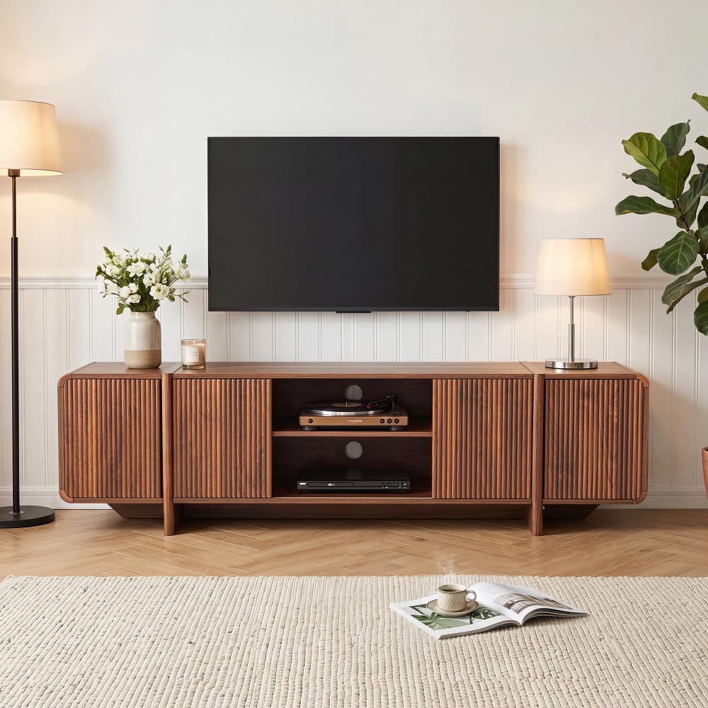70'' Modern Fluted Wood TV Stand Entertainment Center with Open Shelves & Cable Holes