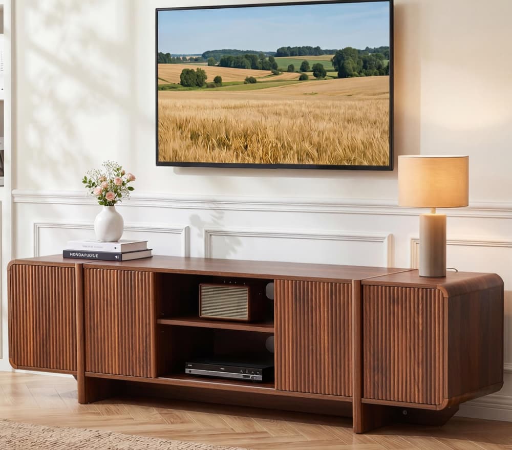 70'' Modern Fluted Wood TV Stand Entertainment Center with Open Shelves & Cable Holes