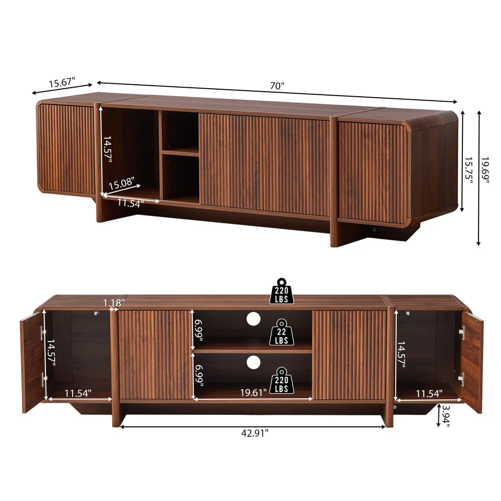A brown wooden media console shown from the front and open interior angles with overlaid dimension lines and weight markings on a white background.