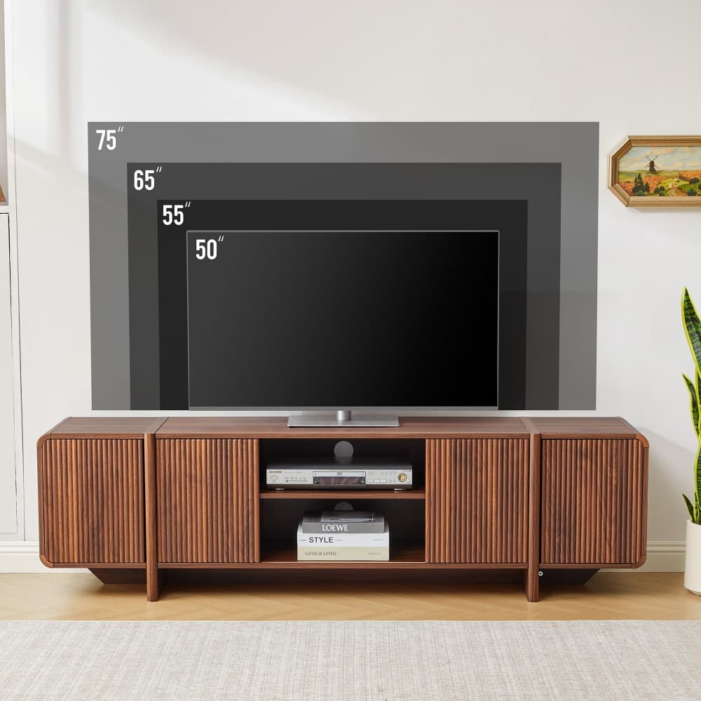 A modern wooden TV stand in a styled living room setting, with a large television mounted above it. White size labels indicating 75, 65, 55, and 50 inches are overlaid on the TV screen area to show scale.