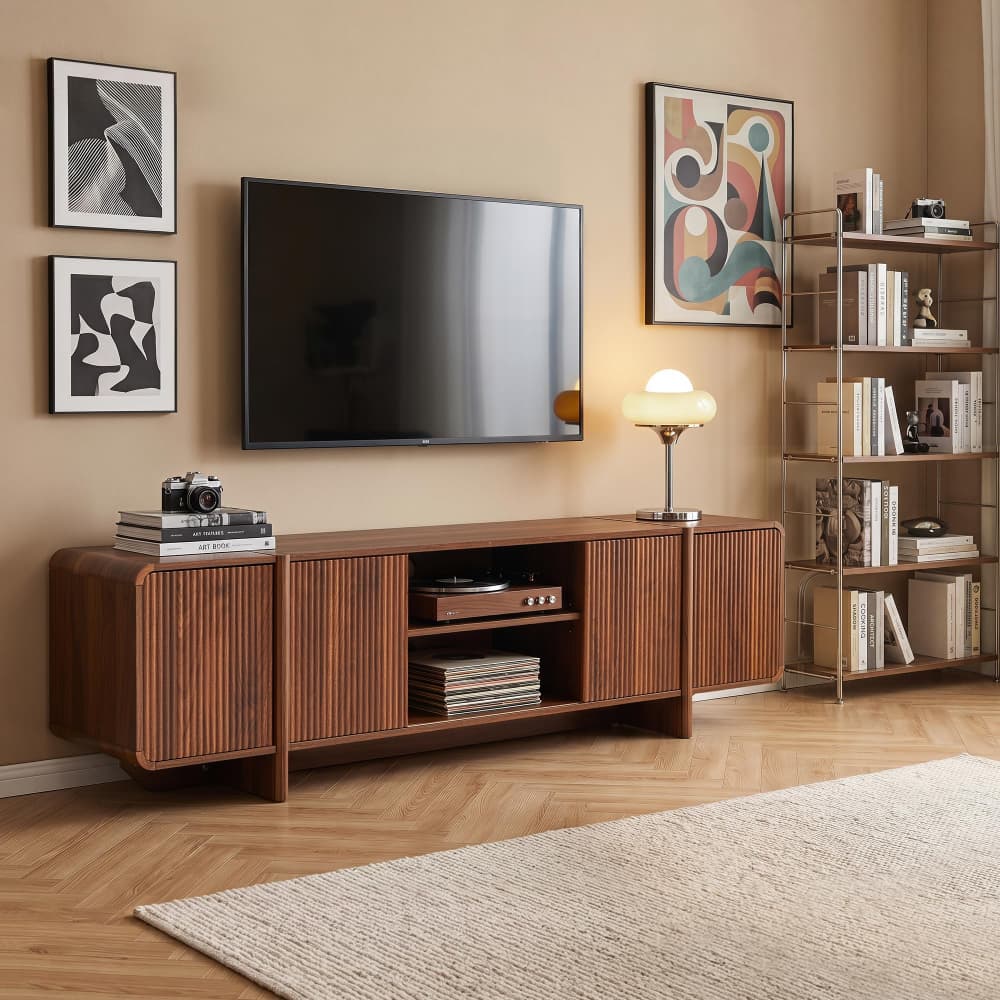 70'' Modern Fluted Wood TV Stand Entertainment Center with Open Shelves & Cable Holes
