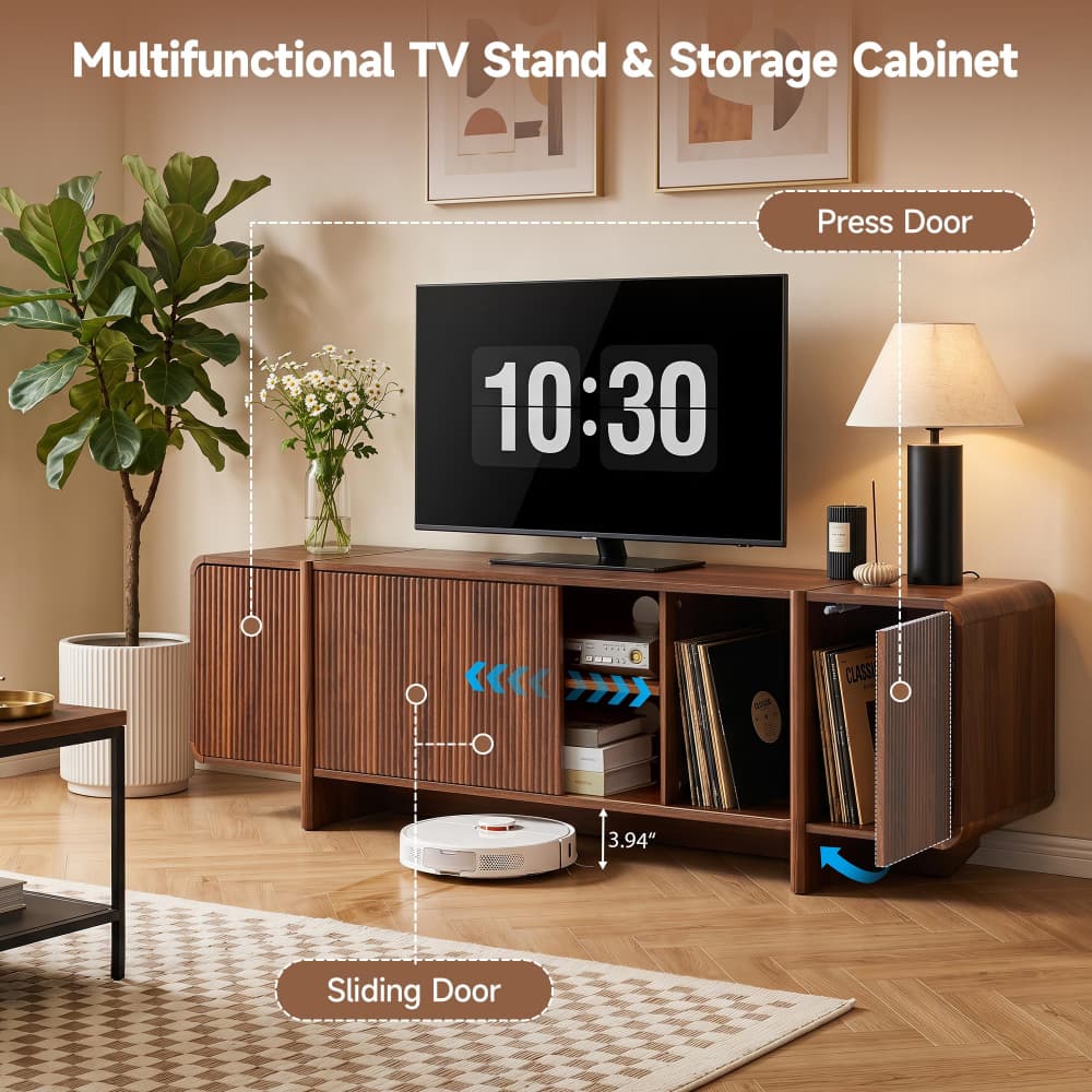 70'' Modern Fluted Wood TV Stand Entertainment Center with Open Shelves & Cable Holes