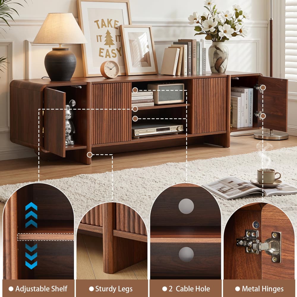 70'' Modern Fluted Wood TV Stand Entertainment Center with Open Shelves & Cable Holes