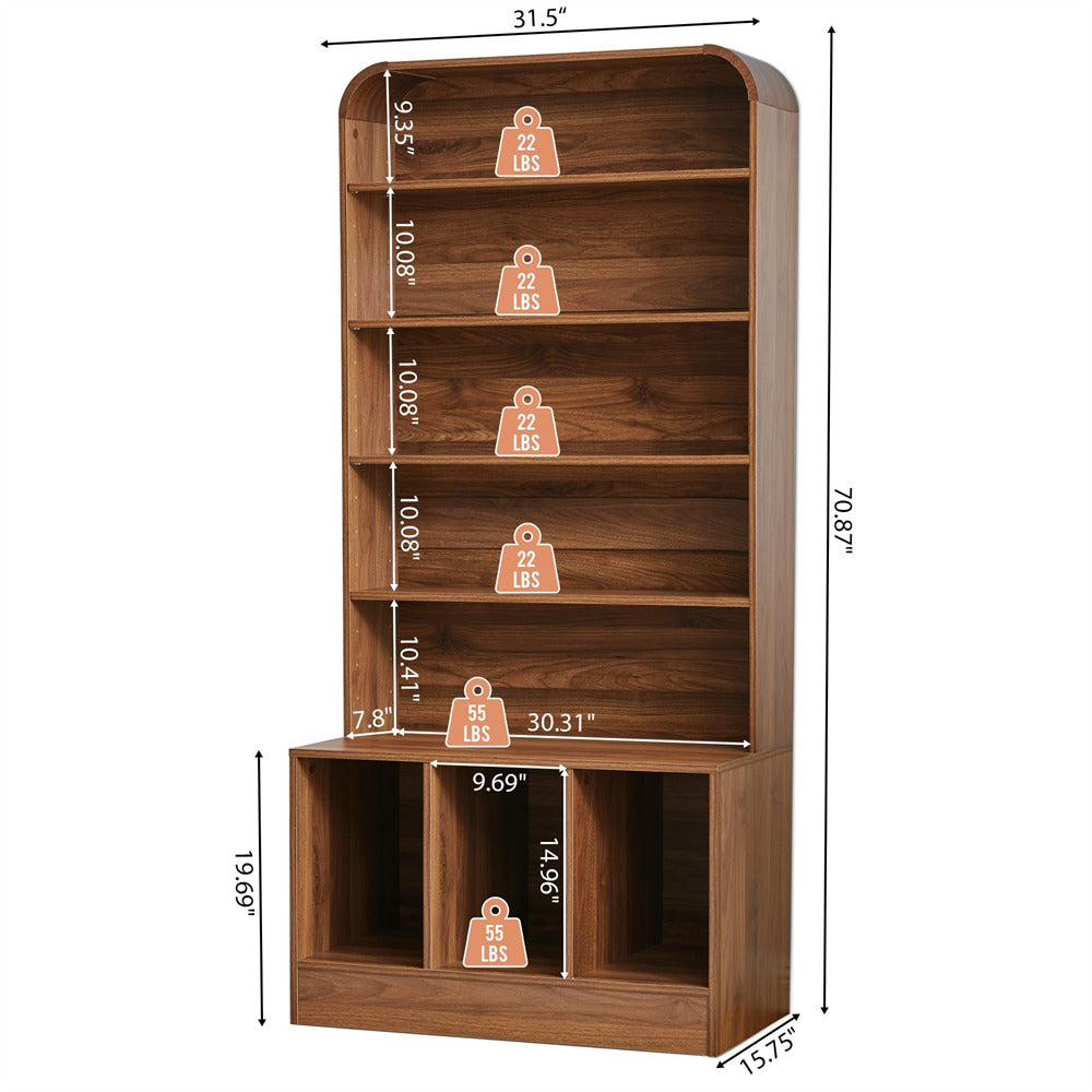 A wooden shelving unit with dimension callouts showing height, width, and shelf spacing. The unit has five upper open shelves and two lower open cubbies, shown on a plain white background.