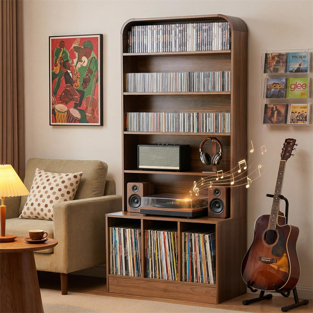 71'' Freestanding Arched 6 Tier Media Storage Cabinet with Adjustable Shelves