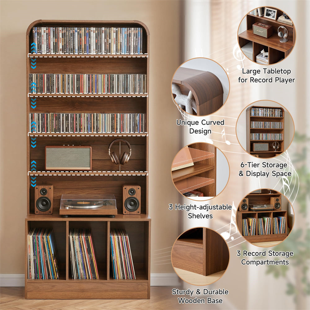 A tall wooden record library shelf with multiple tiers, shown filled with CDs and vinyl records in a home interior. The image includes callout circles highlighting features such as the large tabletop for a record player, curved design, 6-tier storage and display space, height-adjustable shelves, and sturdy wooden base.