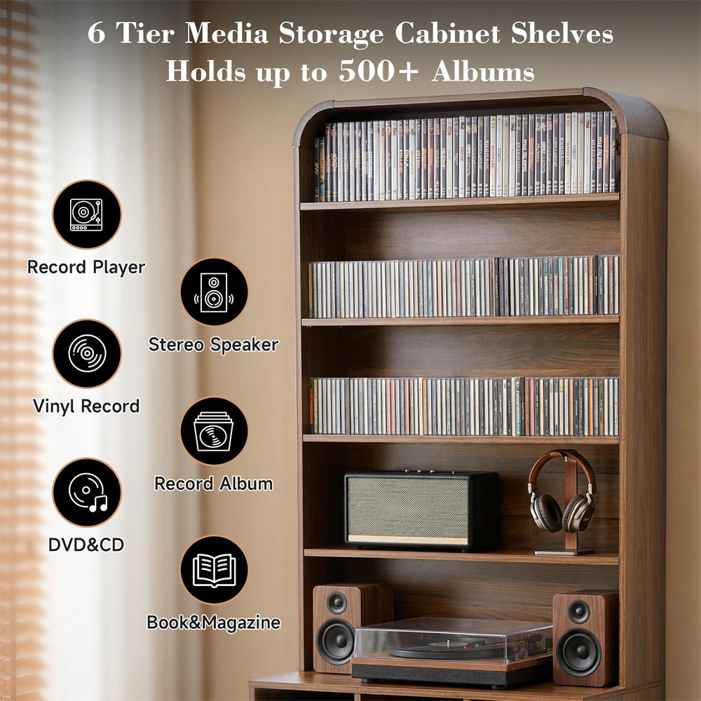 A tall wooden 6-tier media storage cabinet shelf filled with CDs and DVDs, shown in a home interior setting with speakers, headphones, a record player, and text overlays describing storage capacity and included accessories.