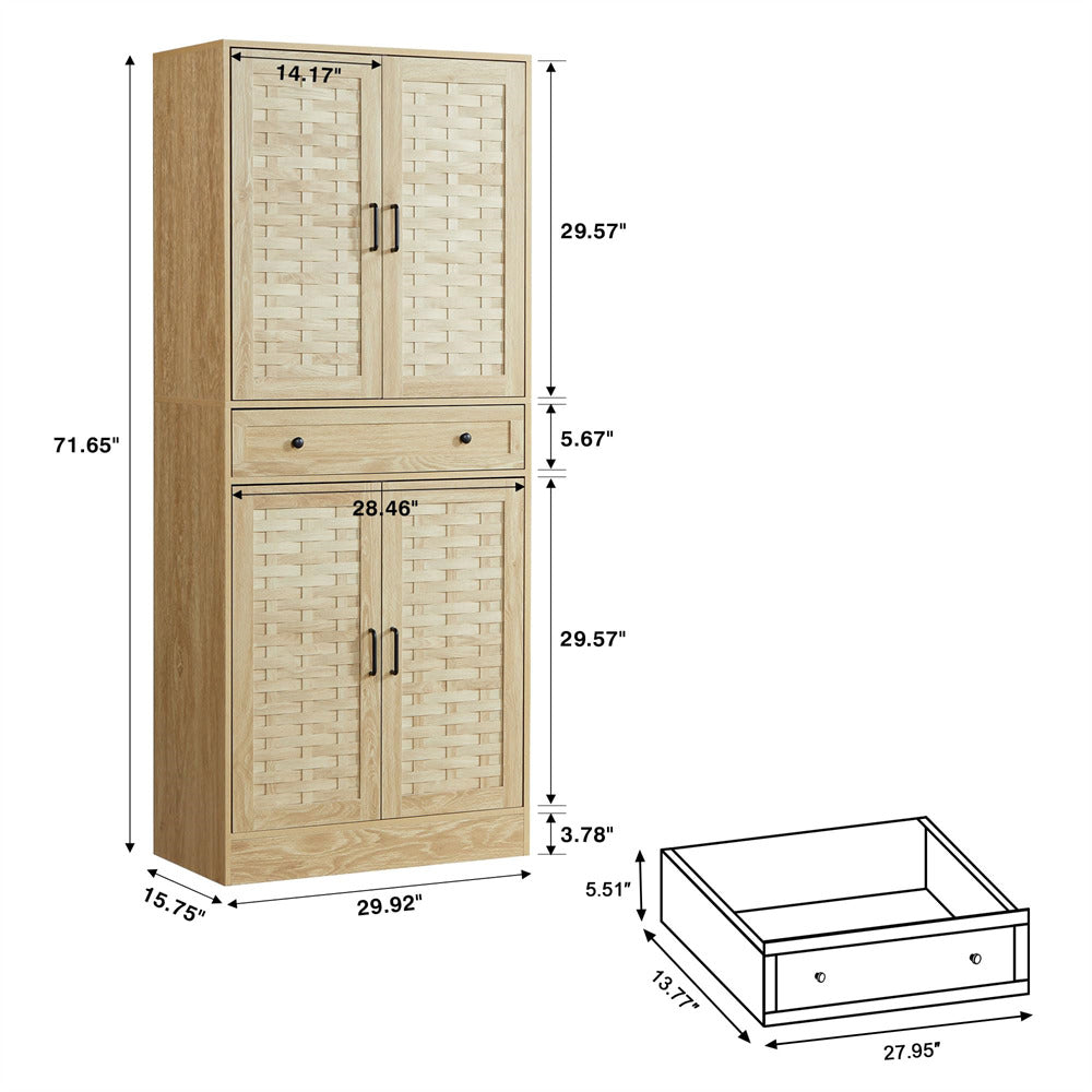 72" Kitchen Pantry Storage Cabinet Natural with 4 Woven Doors and Adjustable Shelves Size