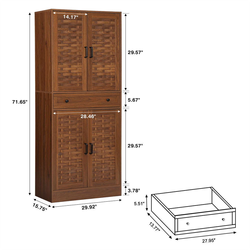 72" Kitchen Pantry Storage Cabinet Walnut with 4 Woven Doors and Adjustable Shelves Size