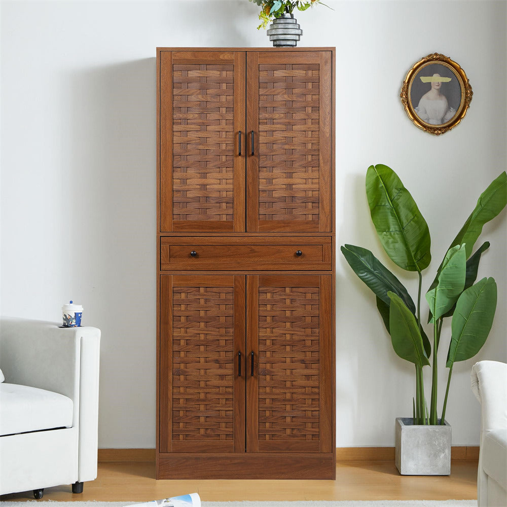 72" Kitchen Pantry Storage Cabinet Walnut with 4 Woven Doors and Adjustable Shelves
